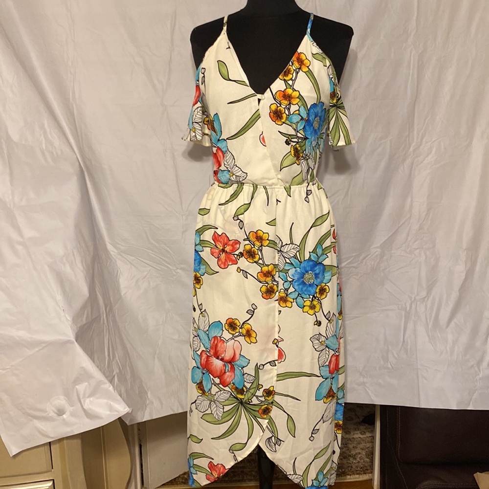 New Fraiche by J floral print shoulder dress size S